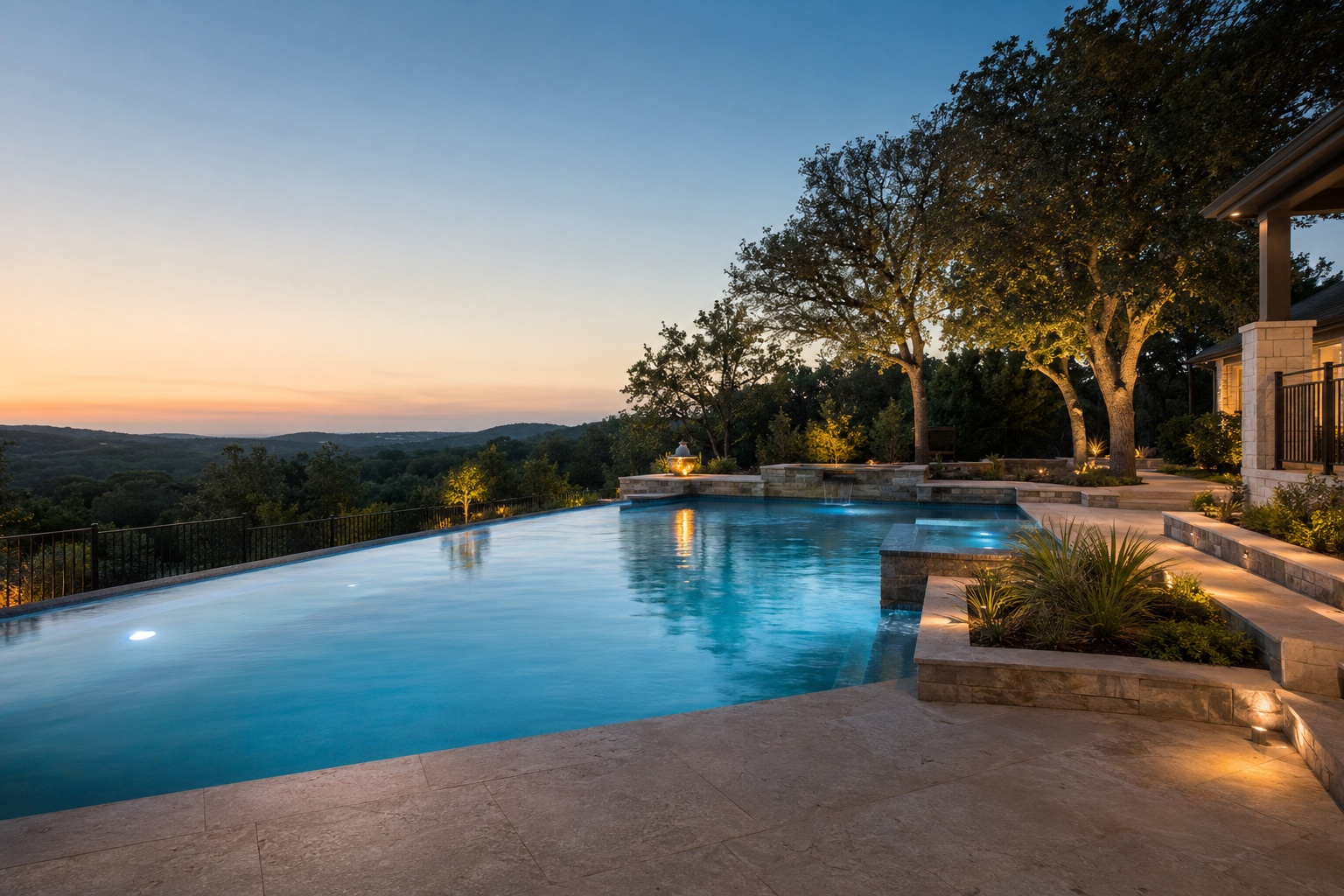 Daytime Hill Country infinity pool and premium backyard view