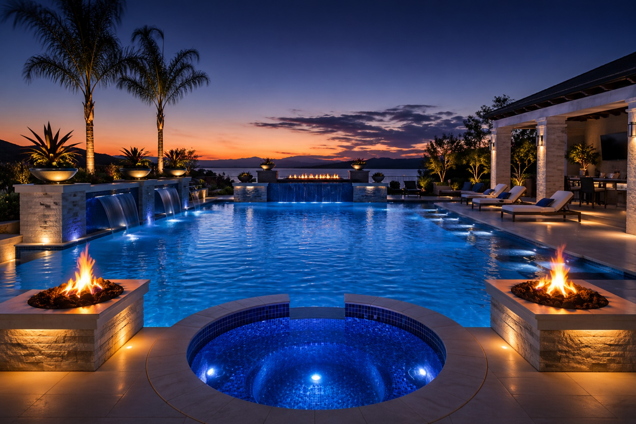 Luxury resort-style swimming pool and spa at dusk